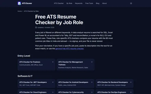 ATS Scorer ATS checker page explaining how the free ATS resume check works.