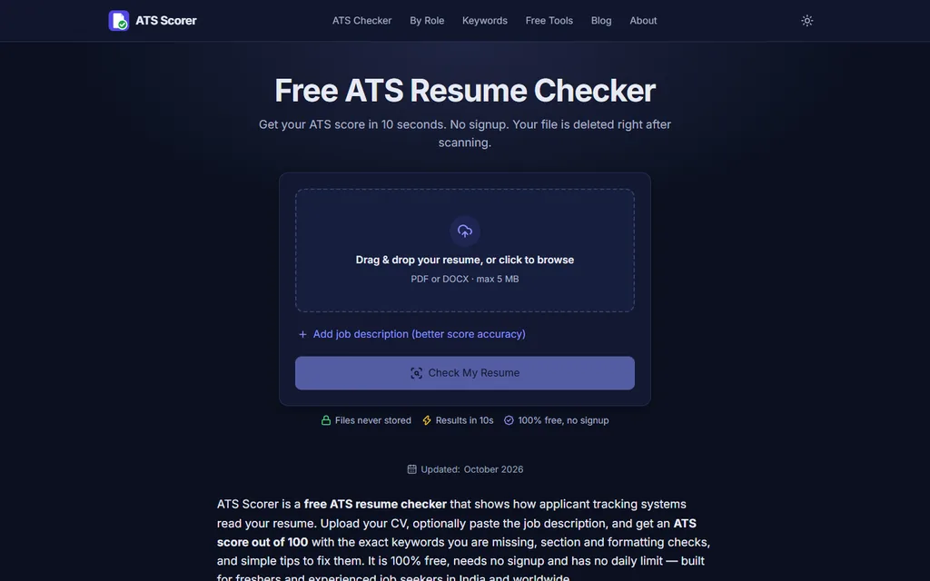 ATS Scorer home page with a resume upload box, an option to add a job description and a Check My Resume button.