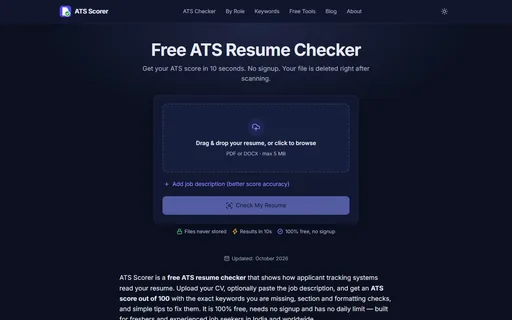 ATS Scorer home page with a resume upload box, an option to add a job description and a Check My Resume button.