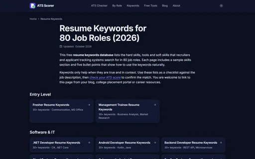 ATS Scorer resume keywords database for 80 job roles grouped by level and field.