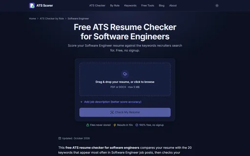 ATS Scorer resume checker for software engineers comparing a resume with common role keywords.