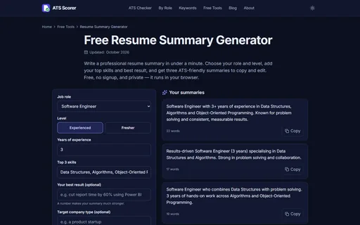 ATS Scorer resume summary generator producing three ATS-friendly summaries from role, level and skills.