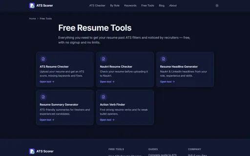 ATS Scorer free resume tools including the Naukri resume checker, headline and summary generators and action verb finder.