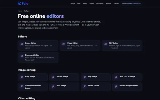 Fylo editors page listing the image, video, PDF and document editors.