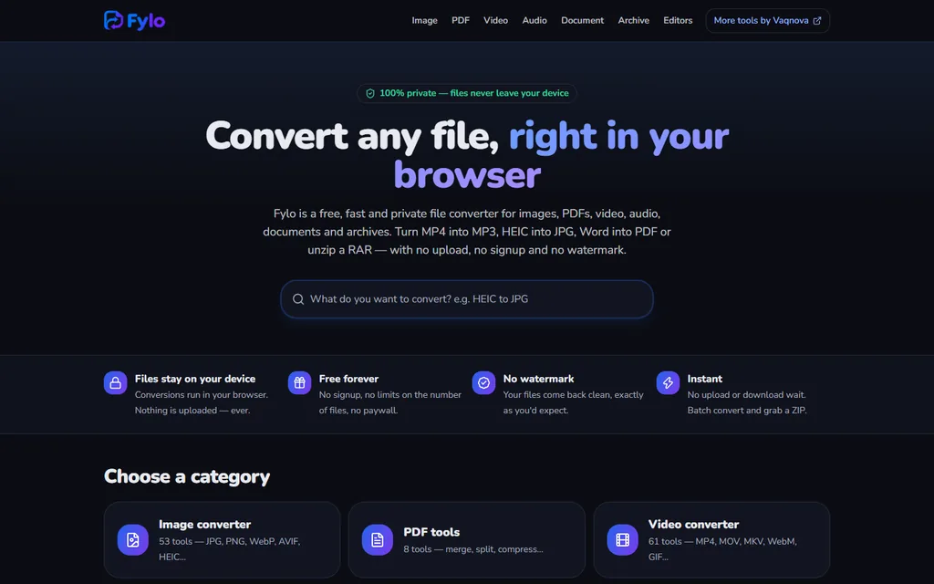 Fylo home page with a search box for conversions and the promise that files never leave your device.