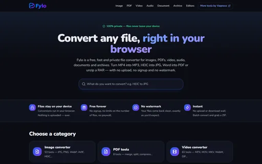 Fylo home page with a search box for conversions and the promise that files never leave your device.