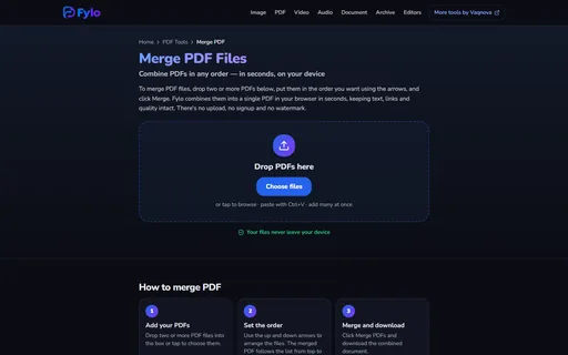 Fylo merge PDF tool for combining several PDF files into one without uploading them.