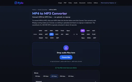 Fylo MP4 to MP3 converter with source and target format chips, a drop zone and bitrate options.