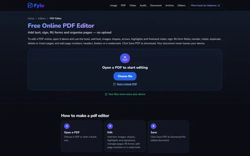 Fylo PDF editor start screen with options to open a PDF or start a blank PDF.