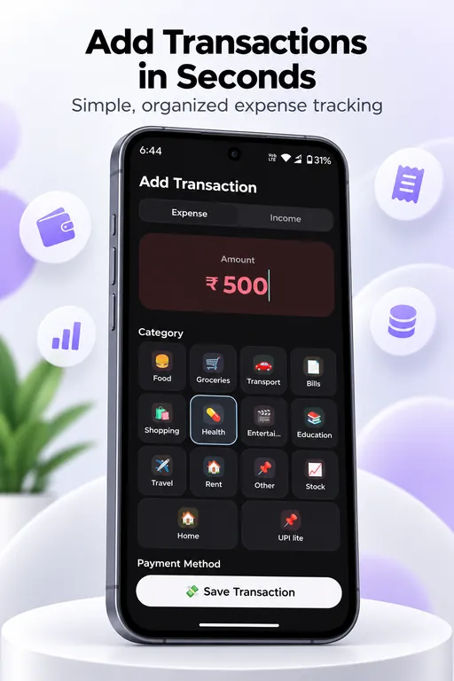 TrackMyMoney add transaction form with an amount, a category grid and a payment method.