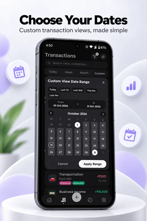 TrackMyMoney custom date range picker for transaction views.