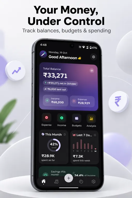 TrackMyMoney home screen showing the total balance, money lent out, this month and last 7 days spending.