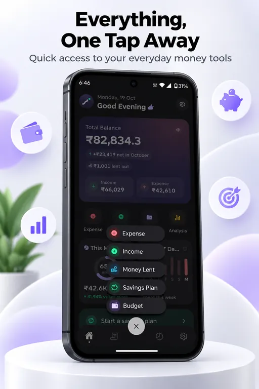 TrackMyMoney quick add menu with Expense, Income, Money Lent, Savings Plan and Budget options.