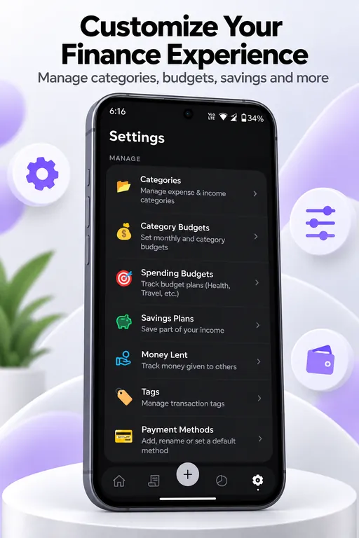 TrackMyMoney settings screen listing categories, budgets, savings plans, money lent, tags and payment methods.